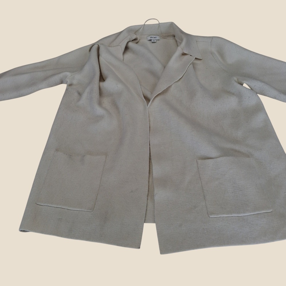 ON-34TH Cardigan Women 2X Cream Open Frnt Notched Lapel Pocket Knit Sweater Good